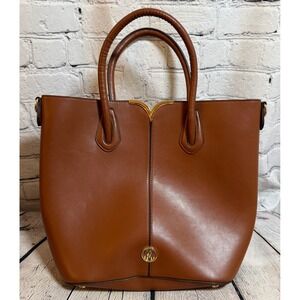 Antonio Melani NWOT Brown Vegan Leather Tote Bag Gold Hardware Logo Medallion